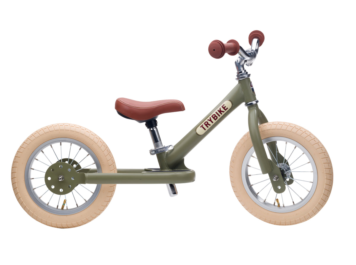 Draisienne Trybike vert vintage 2 roues, vue de profil